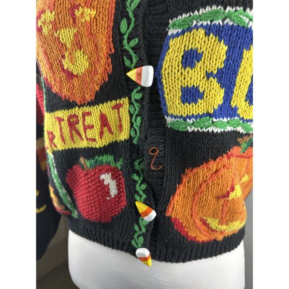 *Flawed The Eagles Eye Halloween Cardigan Sweater Hand Knit Candy Corn Buttons S - Picture 12 of 15